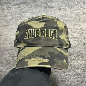 True Religion Camo Snapback Hat Embroidered Spell Out Hunting Hip-Hop Y2K Cap